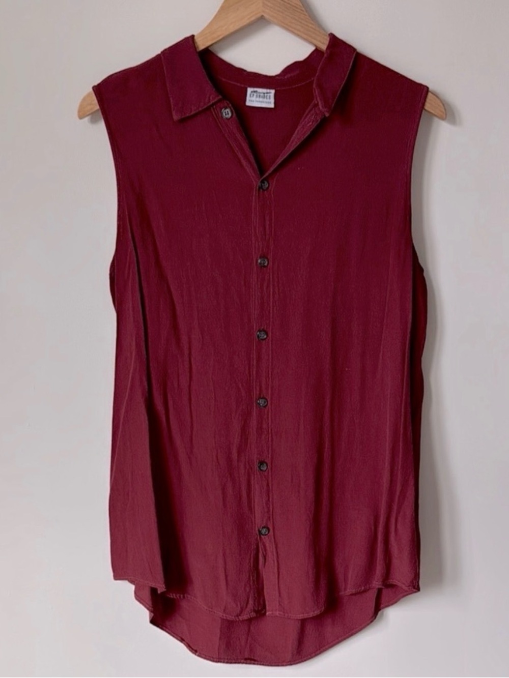 CP Shades | Long Sleeveless Button Up Tank Top in Deep Red | Size S